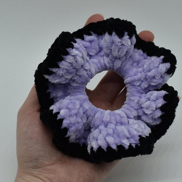 Handcrafted Crochet Purple and black Chenille scrunchie - Picture 3 of 4